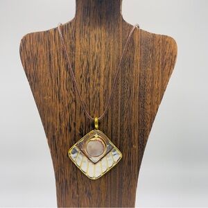 Handmade Artisan Gold, Copper and Silver Pendant Necklace with 18” Leather Cord